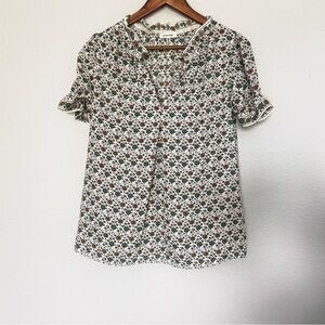 🌿 Max Studio Boho Floral Blouse Green Yellow Flowers V NeckLine